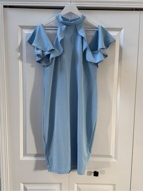 Pinkblush Maternity Light Blue Midi Dress with Ruffle Cold-Shoulder, Size XL